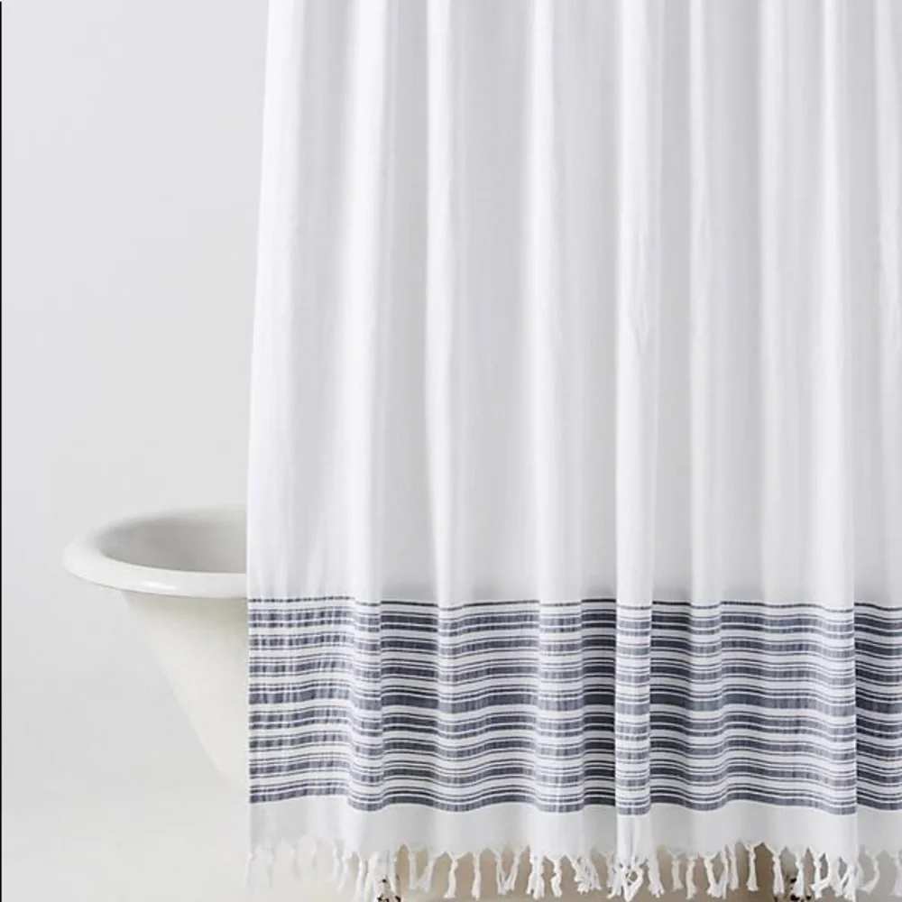 Anthropologie Tasseled Raya Shower Curtain -Blue Stripes